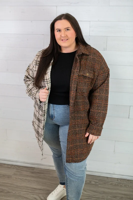 J.nna Tweed Color Split Button Up Coat-Hot Chocolate Mesh Canvas Denim