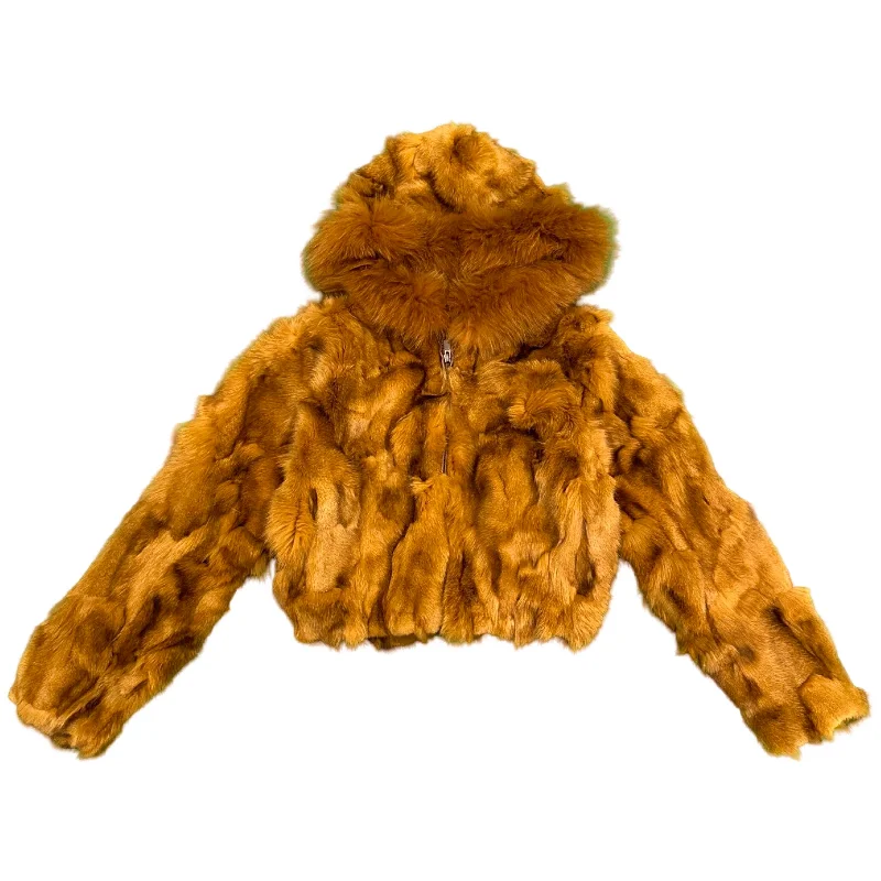Kashani Women's Whiskey Fox Fur Cropped Coat Blazer Duffle Coat Pea Coat