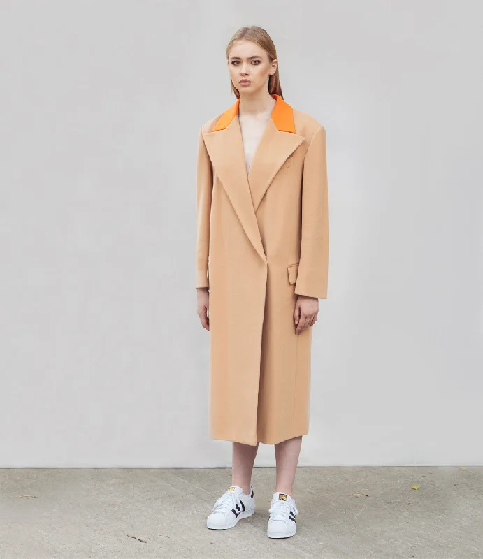 Tailored Beige Coat Hook-and-Loop Buckled Tied