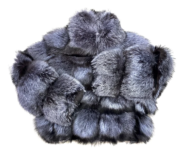 Kashani Women's Grey Spliced Fox Fur Coat Three-Quarter Sleeve Elbow Sleeve Wrist Sleeve Kashani Women's Grey Spliced Fox Fur Coat Three-Quarter Sleeve Elbow Sleeve Wrist Sleeve
