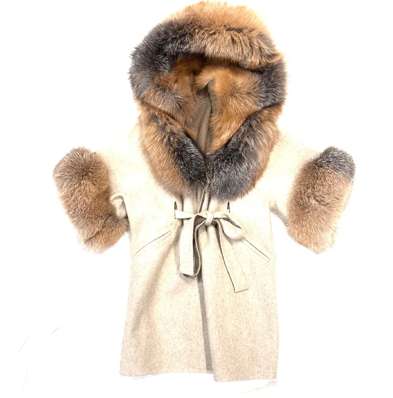 Barya NewYork White Wool Hooded Red Fox Fur 3/4 Poncho Coat Elasticated Drawstring Belted Barya NewYork White Wool Hooded Red Fox Fur 3/4 Poncho Coat Elasticated Drawstring Belted