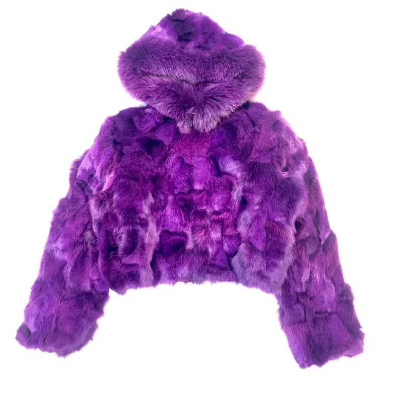 Kashani Ladies Purple Hooded Fox Fur Coat Knit Woven Fleece