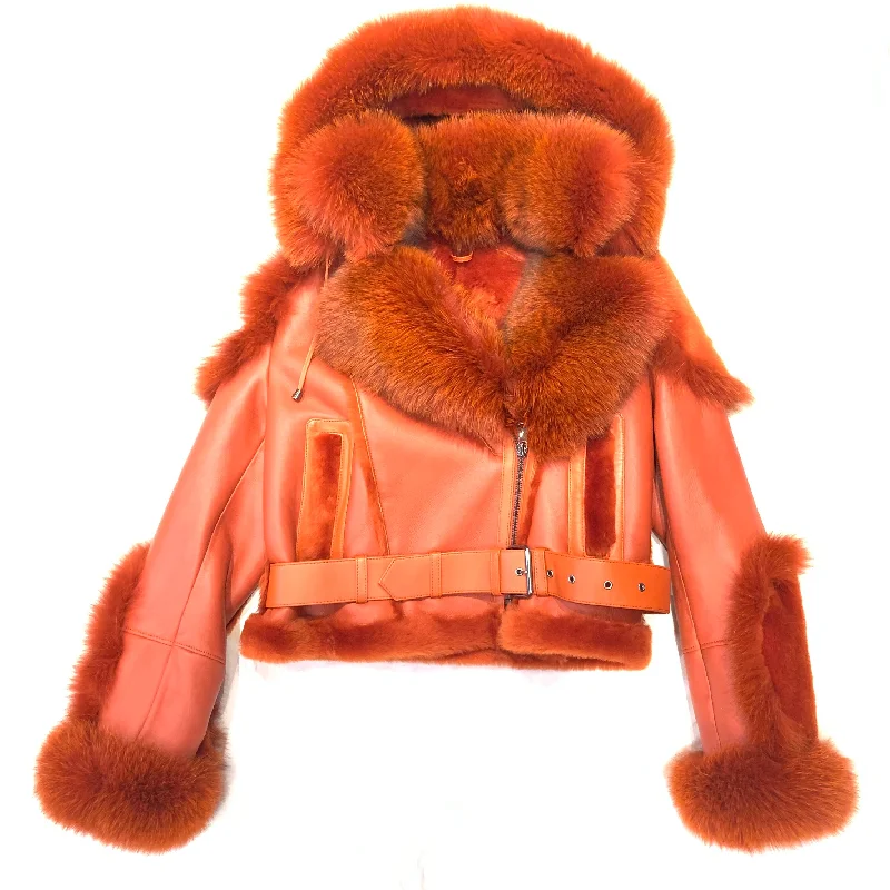 Kashani Ladies Burnt Orange Biker Fox Shearling Coat Chenille Brocade Lace