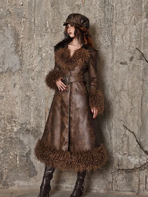 Steampunk Fur Leather Coat Tailored Straight A-Line