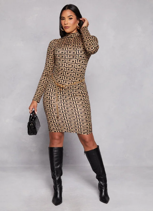 Greek Key Printed Mock Neck Dress