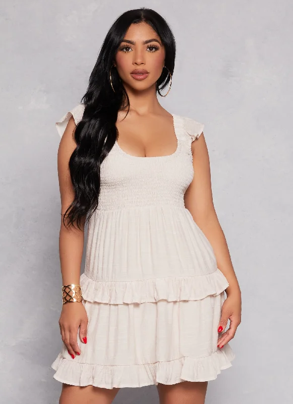 Almost Famous Flutter Sleeve Smocked Tiered Dress
