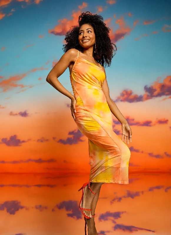 Tie Dye Ruched Detail Mesh Dress