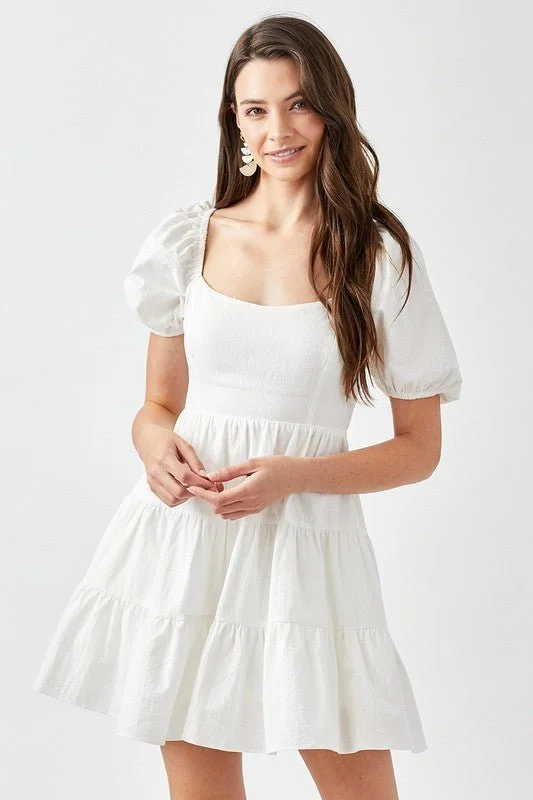 White Puff Sleeve Back Tie Dress