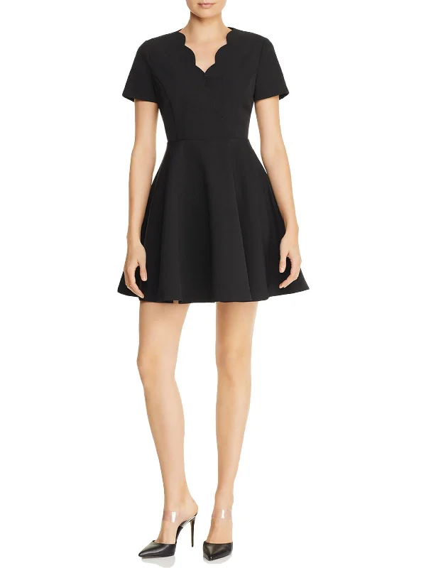 Womens Scalloped Surplice Scuba Dress