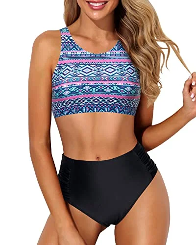 Crop Top High Waisted Two Piece Bikini For Large Breasted Women-Blue Tribal Crochet bikini top, Boho, Trendy, Comfortable