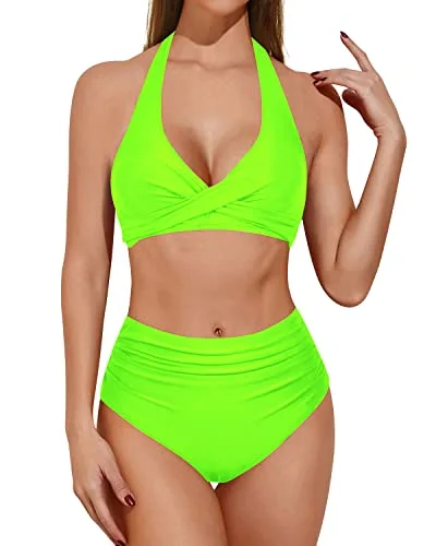 Push Up Two Piece Bikini With High Waisted Bottoms Tummy Control Bathing Suit-Neon Green Floral print bikini, Feminine, Fun, Trendy