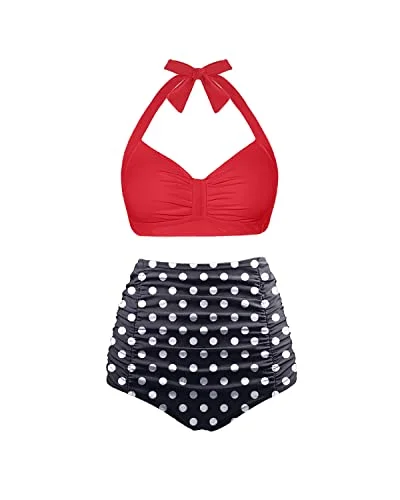 Two Piece Sweetheart Neckline High Waisted Bikini Set-Red Dot V-neck bikini, Sexy, Trendy, Comfortable