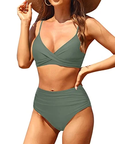 Women's Sexy Bikini Sets Suitable For Curvy Women And Large Bust Ladies-Army Green Frilly bikini top, Fun, Feminine, Trendy