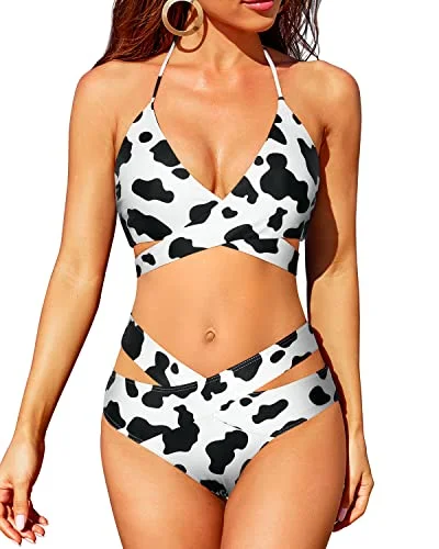 Crossed V Shaped Waist 2 Piece High Waisted Bikini Set-Black And White Cow Pattern Lace-up bikini, Sexy, Trendy, Fashionable Crossed V Shaped Waist 2 Piece High Waisted Bikini Set-Black And White Cow Pattern Lace-up bikini, Sexy, Trendy, Fashionable