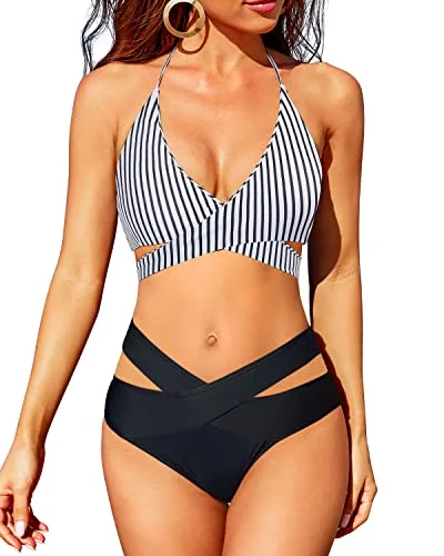 Crossed V Shaped Waist High Waisted 2 Piece Bikini Set-Black And White Stripe Crisscross bikini, Sexy, Trendy, Comfortable