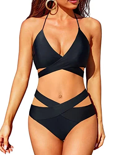 Wrap Halter Neck Bikini Set Criss Cross Two Piece Bathing Suit-Black Backless two-piece, Sexy, Comfortable, Trendy