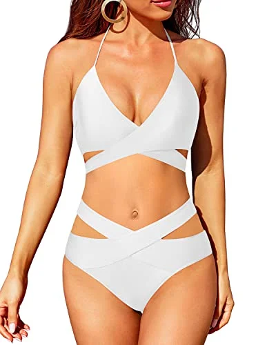 Flattering High Waisted Bikini With Crossed V Shaped Waist-White Classic triangle bikini, Sexy, Comfortable, Trendy