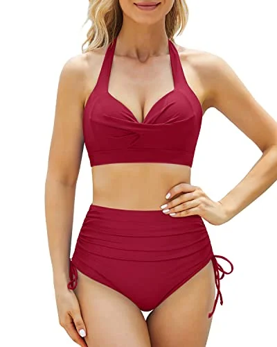Adjustable Self Tie Halter Tummy Control Bikini Set For Women-Red Bikini with bow, Cute, Trendy, Fashionable