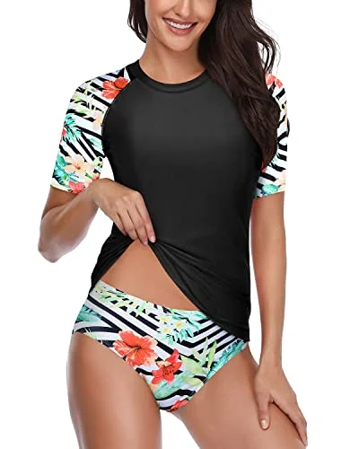 Uv Resistant Women's Rash Guard Set With Bikini Bottom For Sun Protection-Black And Striped Leaves High-waist bikini set, Vintage, Chic, Comfortable Uv Resistant Women's Rash Guard Set With Bikini Bottom For Sun Protection-Black And Striped Leaves High-waist bikini set, Vintage, Chic, Comfortable